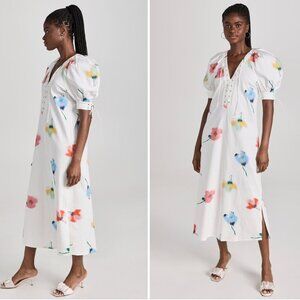 SLEEPER || Garden Floral Cotton Midi Dress White size M Leg of Button Sleeve Tie